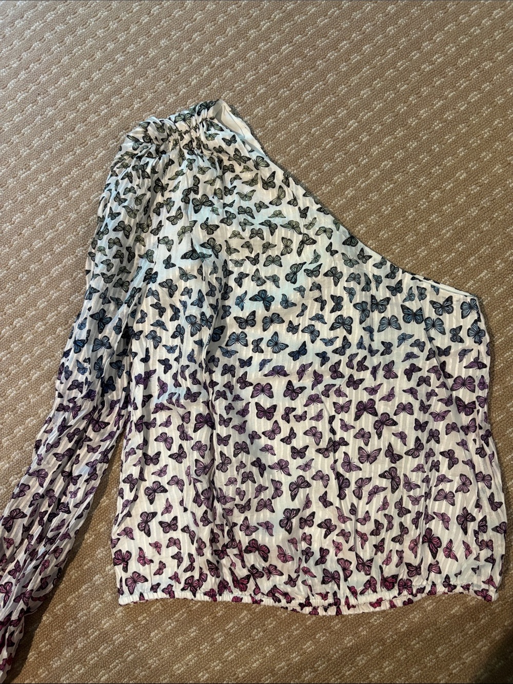 Cami NYC One-Shoulder White Crop Top with Blue and Purple Butterfly Print
